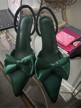 Green Satin Bow Pointed-Toe Slingback Heels